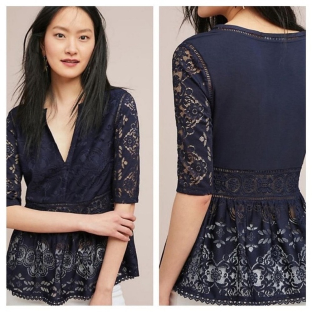NWT Anthropologie Mae Peplum Top Navy Lace Size Small